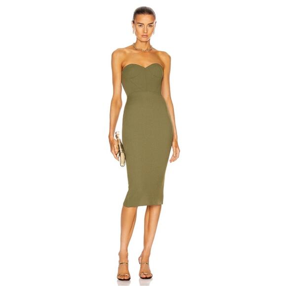 Alex Perry Draven Stretch Crepe Curved Sweetheart Khaki Green Midi Dress Size 8 Alex Perry Draven Stretch Crepe Curved Sweetheart Khaki Green Midi Dress Size 8